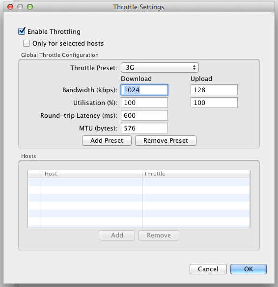 Throttling options in Charles Proxy