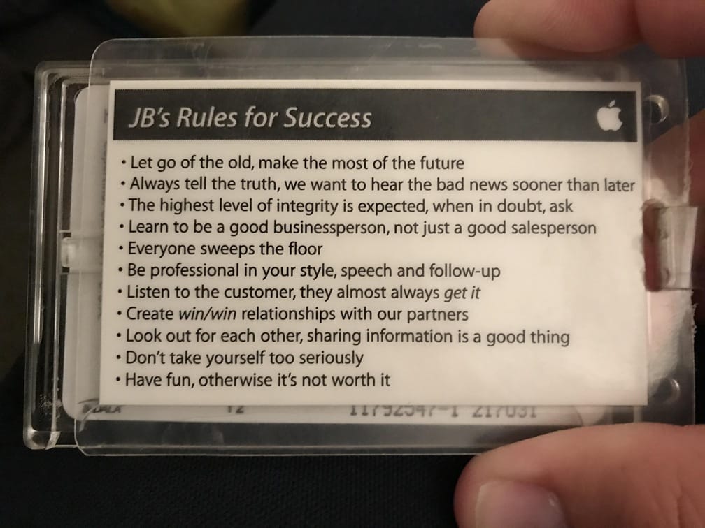A badge sticker showing &ldquo;JB&rsquo;s Rules for success&rdquo;
